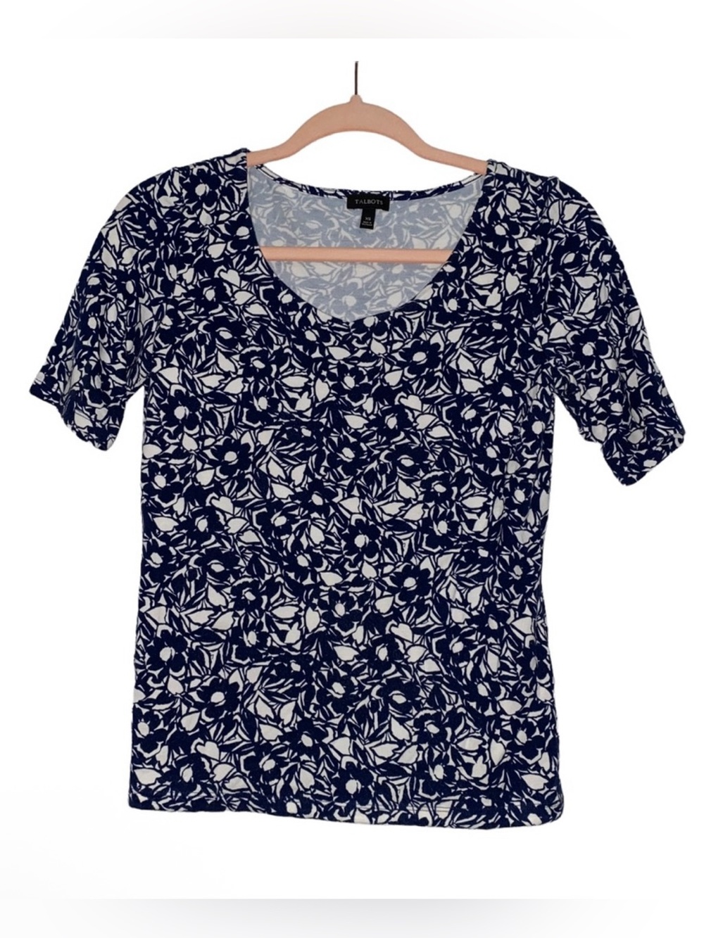 Talbots Navy and White Floral Scoop Neck Short Sleeve Tee